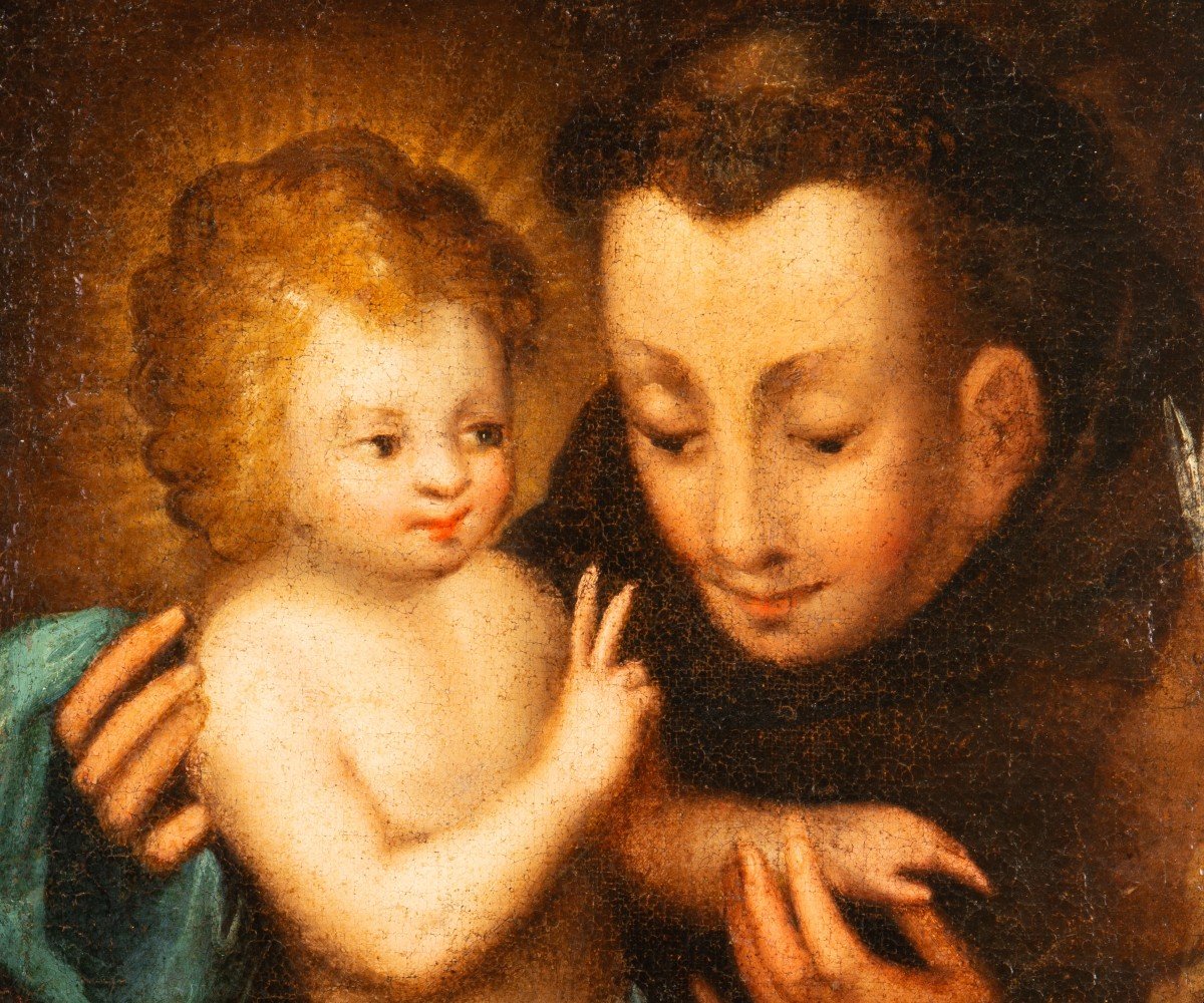 Saint Antoine De Padoue Avec l'Enfant Jésus. Huile Sur Toile. école Espagnole, XVIIIe Siècle.  -photo-3