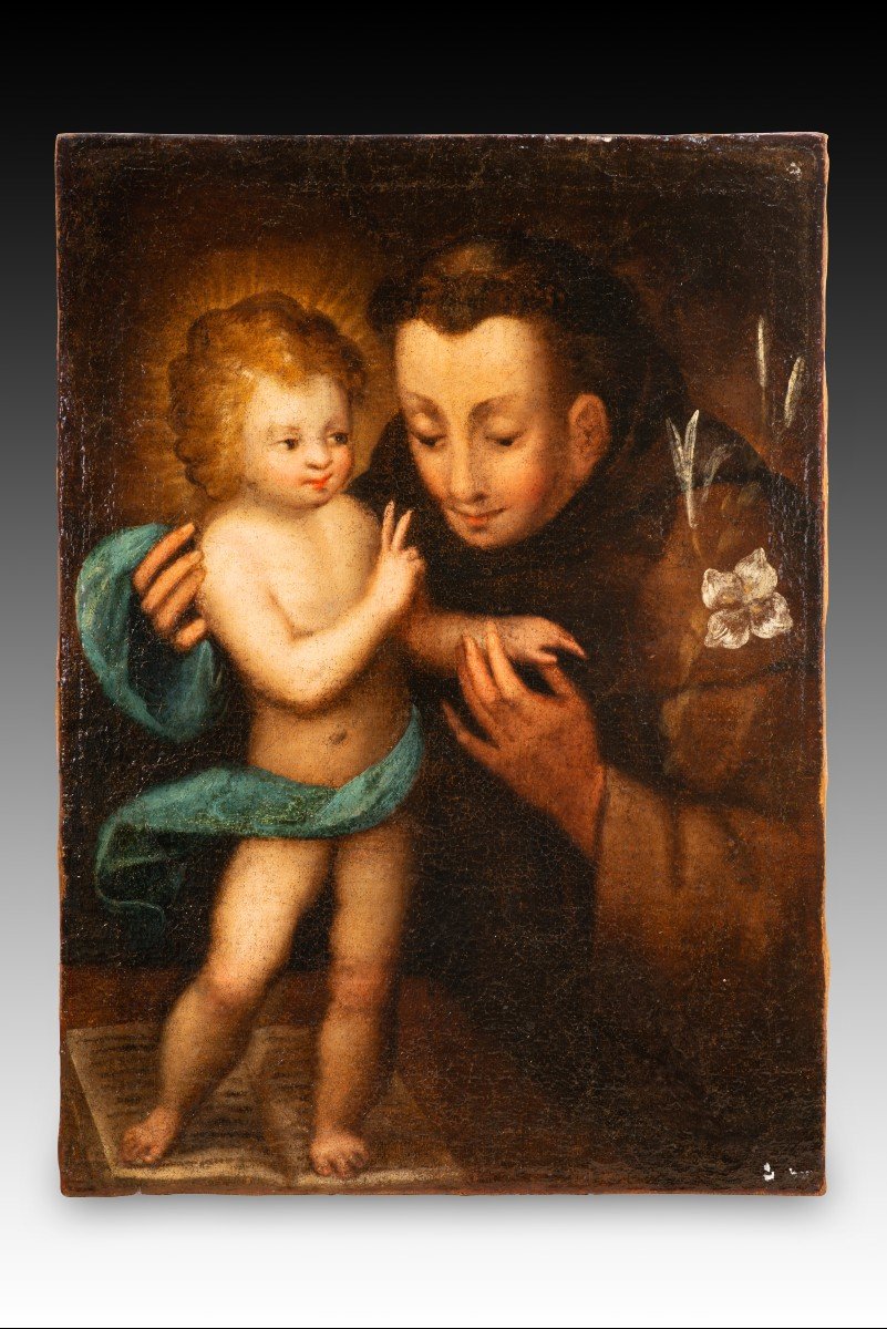 Saint Antoine De Padoue Avec l'Enfant Jésus. Huile Sur Toile. école Espagnole, XVIIIe Siècle.  