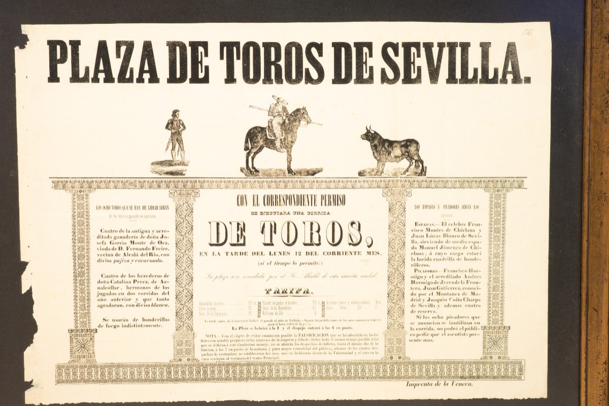 Bullfighting Poster. Printed Paper, Framed. Seville, Spain, 19th Century-photo-2