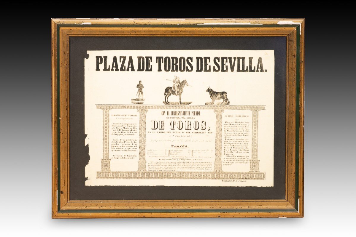 Bullfighting Poster. Printed Paper, Framed. Seville, Spain, 19th Century