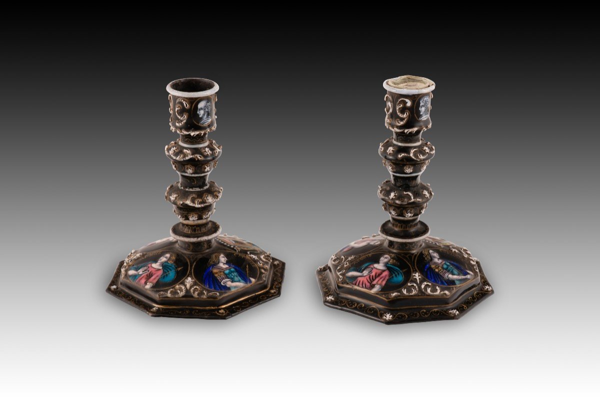 Pair Of Candlesticks. Metal, Enamel. Limoges, France, 19th Century. -photo-4