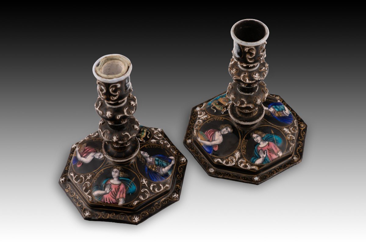 Pair Of Candlesticks. Metal, Enamel. Limoges, France, 19th Century. -photo-6