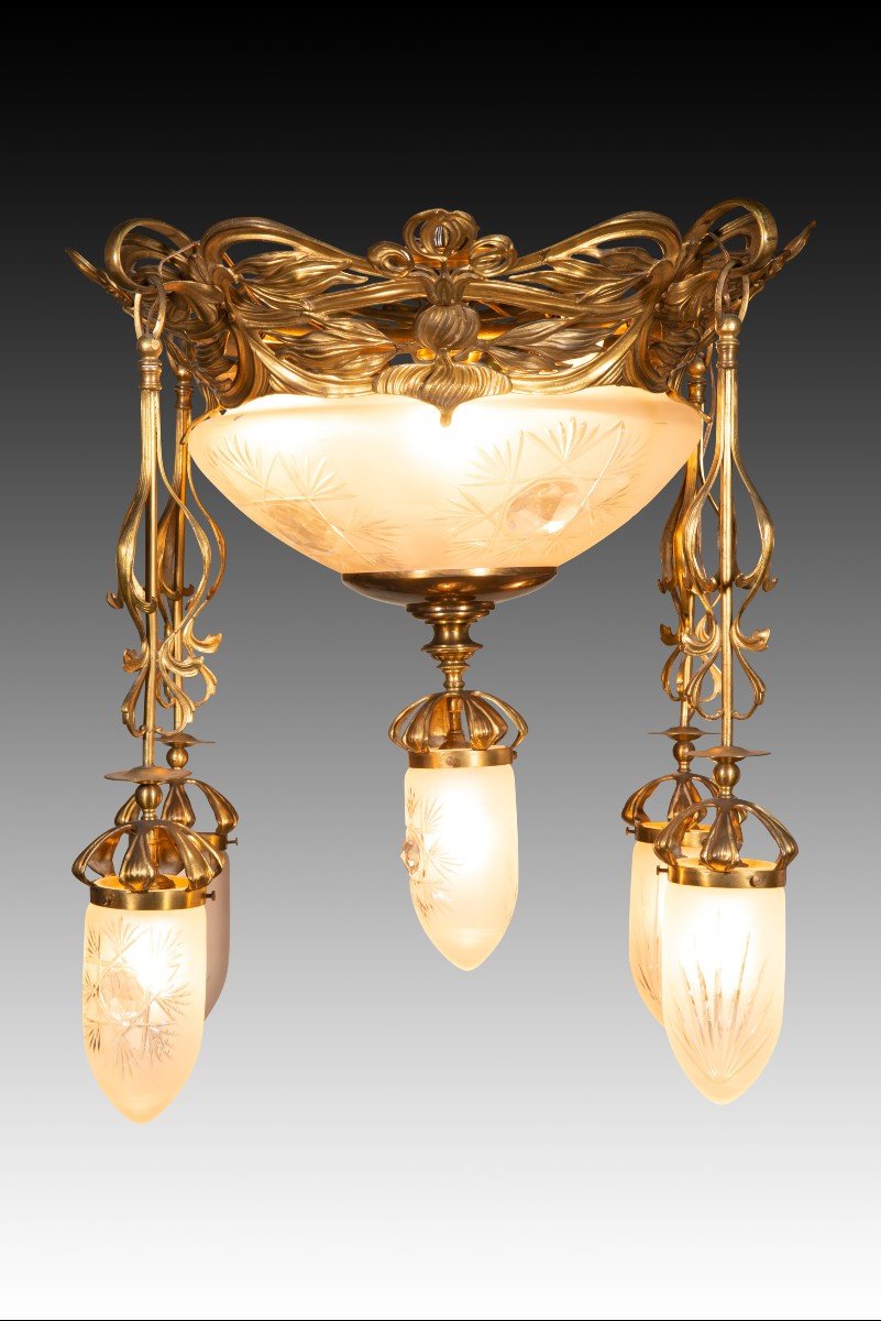 Art Nouveau Ceiling Light. Metal, Glass. Circa 1900.  -photo-3