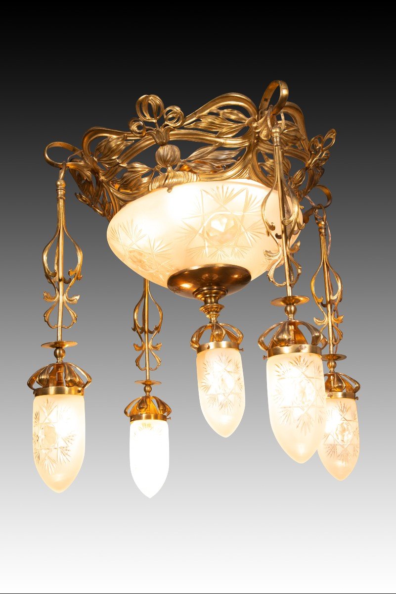 Art Nouveau Ceiling Light. Metal, Glass. Circa 1900.  -photo-2