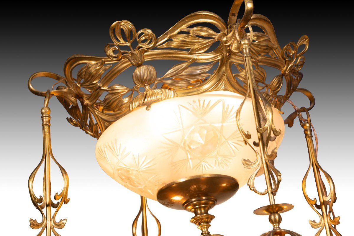 Art Nouveau Ceiling Light. Metal, Glass. Circa 1900.  -photo-3