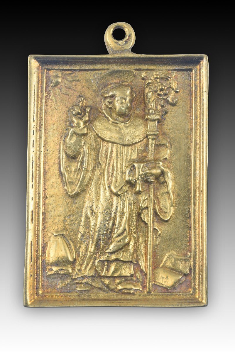 Plaque De Dévotion, Saint évêque. Bronze. école Espagnole, XIXe Siècle. 