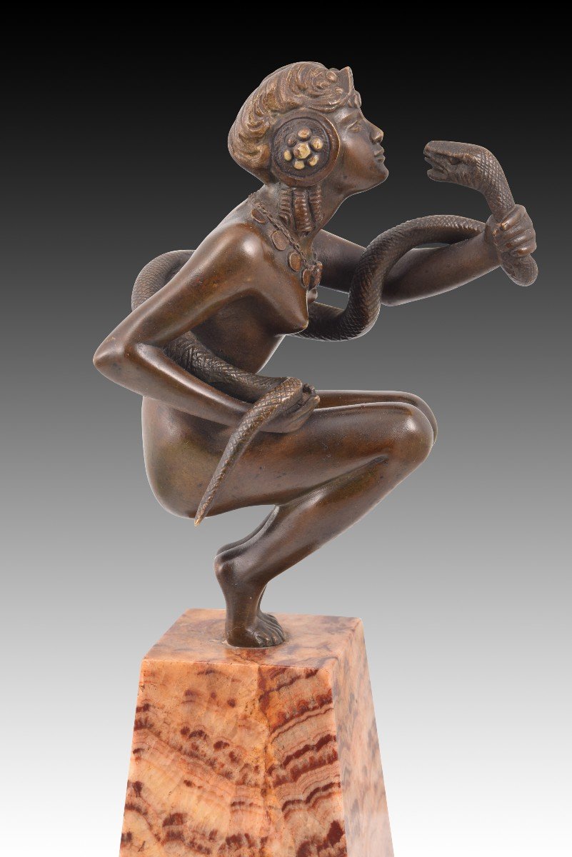 Danseuse Avec Un Serpent Ou Cléopâtre. Bronze, Marbre. Devenet, Claude-marie (1851-paris, 1931)-photo-3