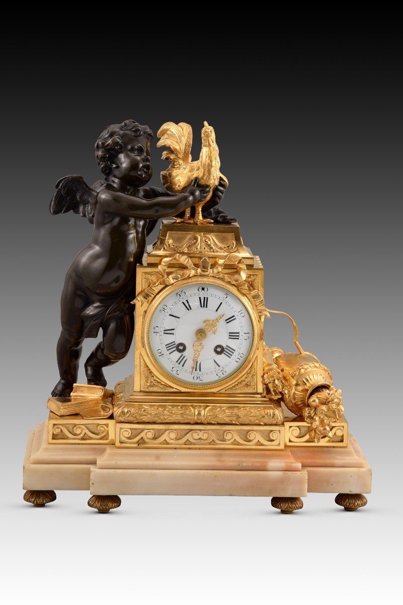 Table Clock. Gilt And Blued Bronze, Marble Base. Possibly France, Late 19th Century.