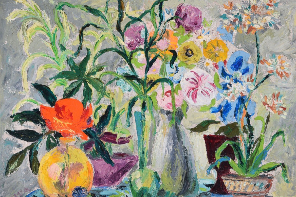 Nature Morte Aux Fleurs. Huile Sur Toile. Luis García-ochoa Ibáñez (espagne, 1920-2019). 1949. -photo-2