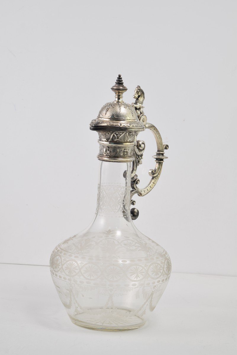 Pitcher. Glass, Silver-plated Metal. Possibly Wmf, Germany. Circa 1900. 