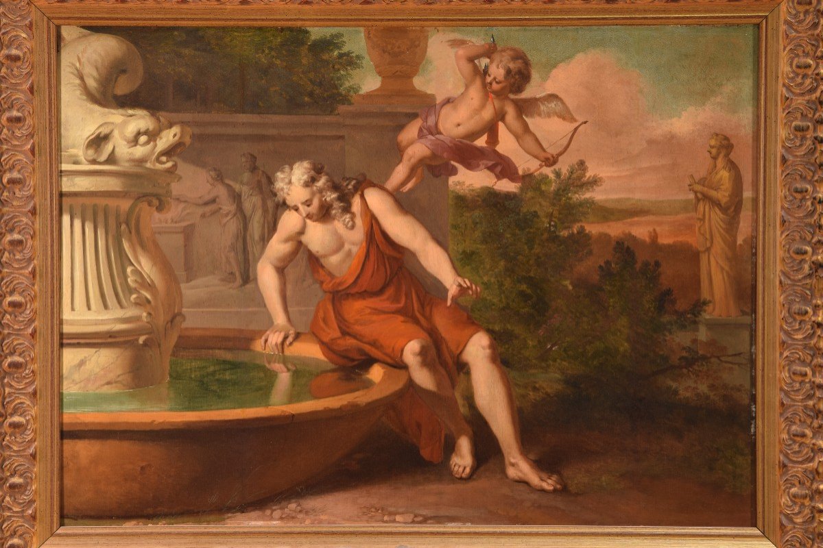 Narcissus At La Fontaine. Oil On Panel. 19th Century. -photo-2