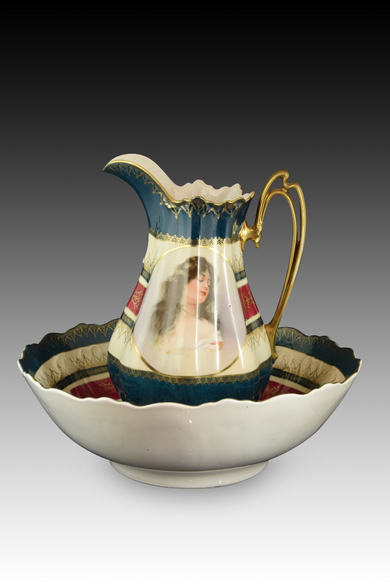 Ewer With Bowl. Glazed Porcelain. Mortiz Zdekauer, Altrohlau, Czech Republic, 19th Century.-photo-2