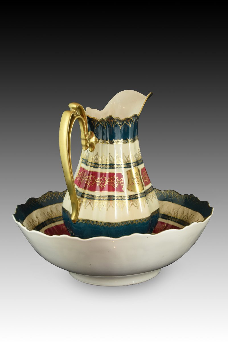 Ewer With Bowl. Glazed Porcelain. Mortiz Zdekauer, Altrohlau, Czech Republic, 19th Century.-photo-3