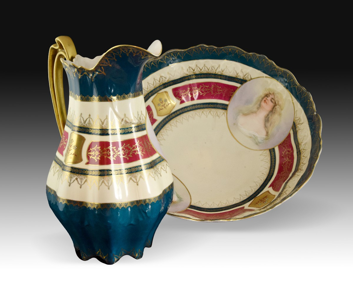 Ewer With Bowl. Glazed Porcelain. Mortiz Zdekauer, Altrohlau, Czech Republic, 19th Century.