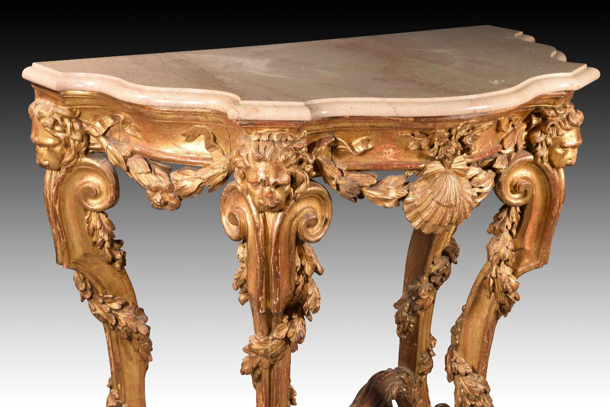 Console Table With Lion Heads. Wood, Marble Top. Possibly Italian School, 18th Century-photo-2