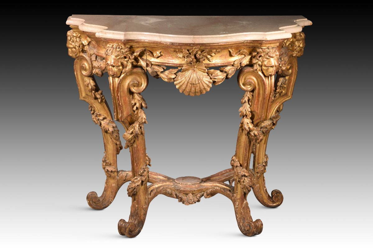 Console Table With Lion Heads. Wood, Marble Top. Possibly Italian School, 18th Century-photo-3