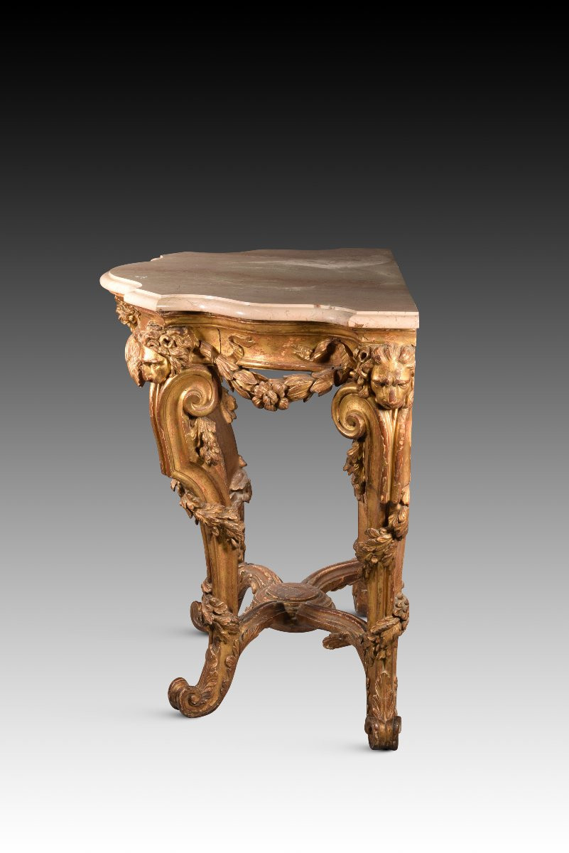 Console Table With Lion Heads. Wood, Marble Top. Possibly Italian School, 18th Century-photo-1