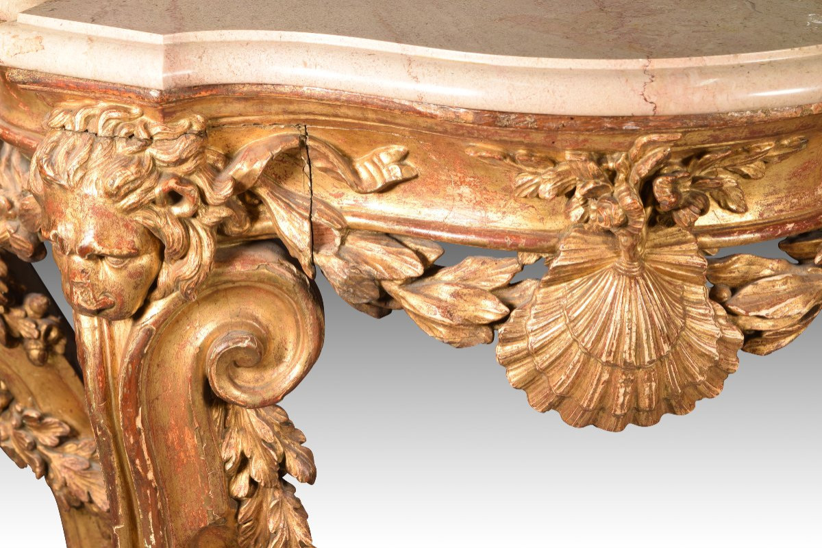 Console Table With Lion Heads. Wood, Marble Top. Possibly Italian School, 18th Century-photo-3