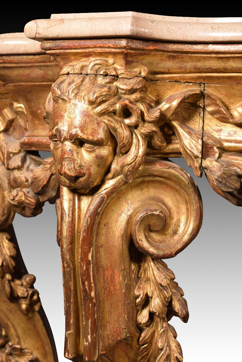 Console Table With Lion Heads. Wood, Marble Top. Possibly Italian School, 18th Century-photo-5