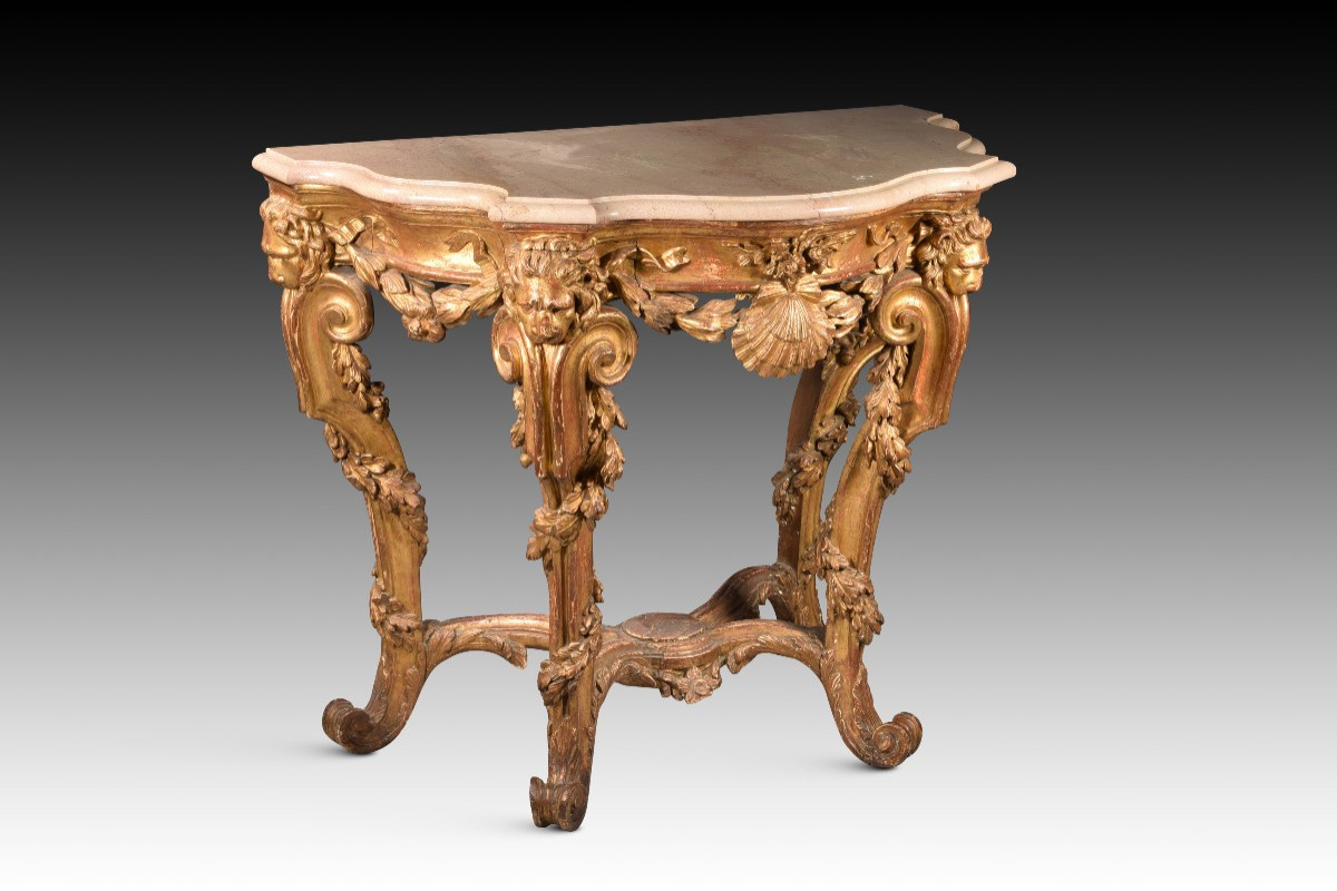 Console Table With Lion Heads. Wood, Marble Top. Possibly Italian School, 18th Century