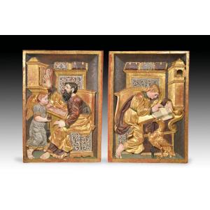 Reliefs, Saint John And Saint Matthew. Polychrome Wood. Perhaps Burgos School, 15th Century.