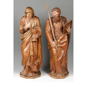 Paire De Sculptures En Bois Polychrome. "saint Jean Et Saint Paul. école Castillane, XVIe S.