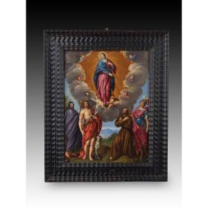 Circle Of Van De Kasteele, Frans “virgin With Angels And Saints.” Oil On Copper. Ebony Frame