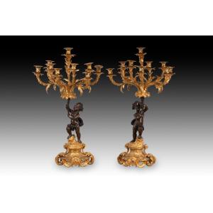 Pair Of Candlesticks. Gilt And Blued Bronze. France, 19th Century. 