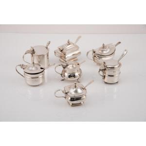 Seven Mustar Pots With Spoons. Silver, Glass. England, 20th Century. 