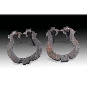 Pair Of Door Knockers. Wrought Iron. 16th Century. 