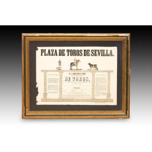 Bullfighting Poster. Printed Paper, Framed. Seville, Spain, 19th Century