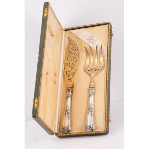 Couverts De Service Dans Un Coffret. Argent, Vermeil, Textile, Etc. Puiforcat, France, V 1900.