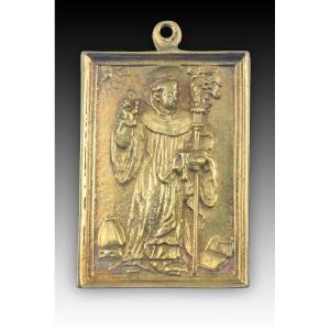 Plaque De Dévotion, Saint évêque. Bronze. école Espagnole, XIXe Siècle. 