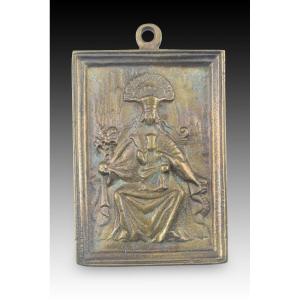 Devotional Plaque, Virgin Of Montserrat And The Mountain. Bronze. Spanish School, 19th Century.