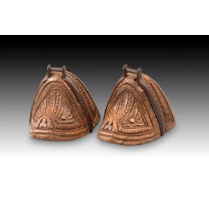 Pair Of Stirrups. Carved Wood, Iron. Chile, 18th Century.  