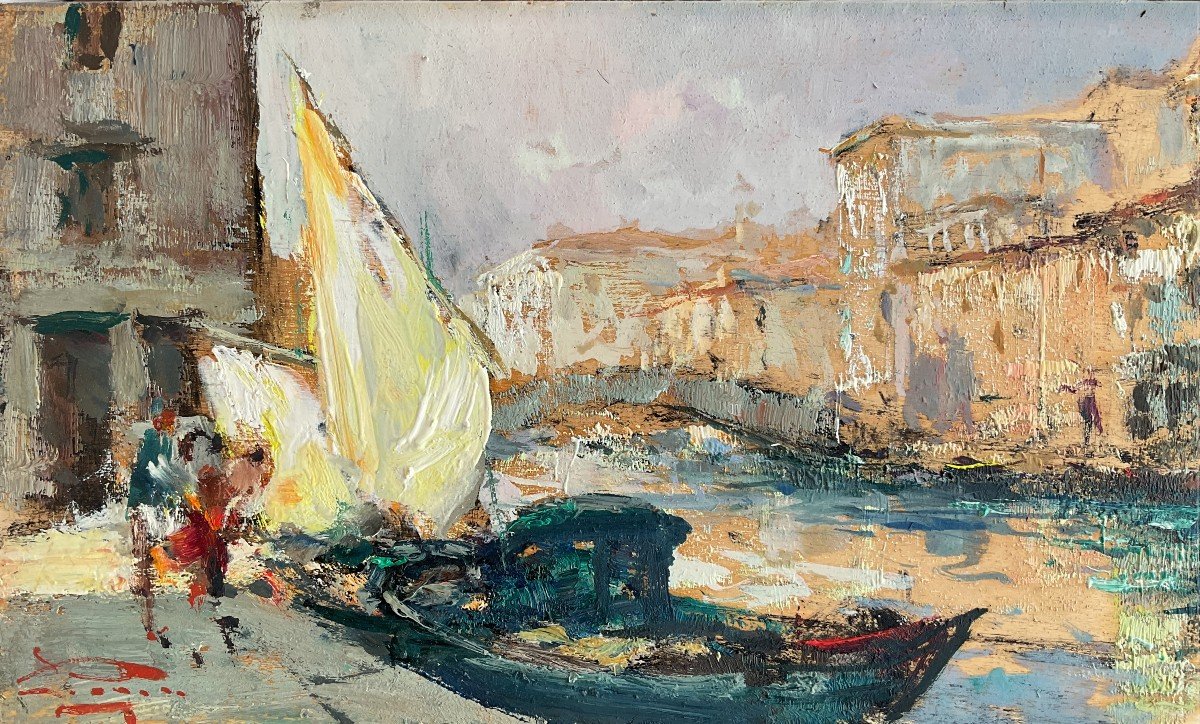 Luigi Pagan, Tableau Avec Vue Sur La Ville De Chioggia - Venise-photo-2