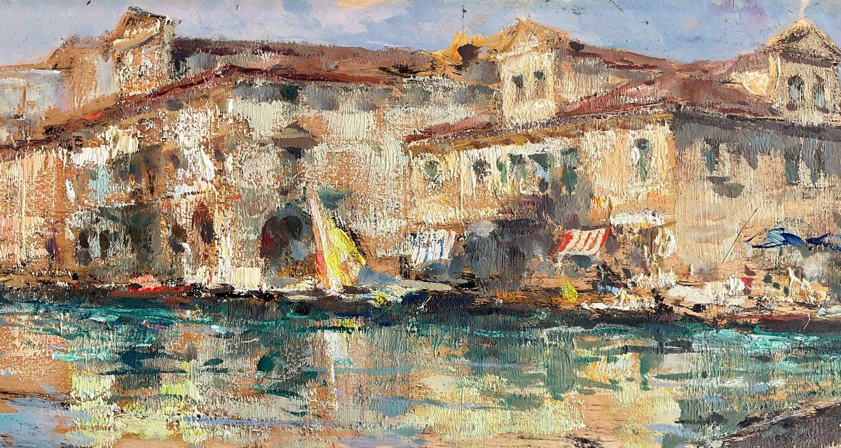 Luigi Pagan, Tableau Avec Vue Sur La Ville De Chioggia - Venise-photo-3