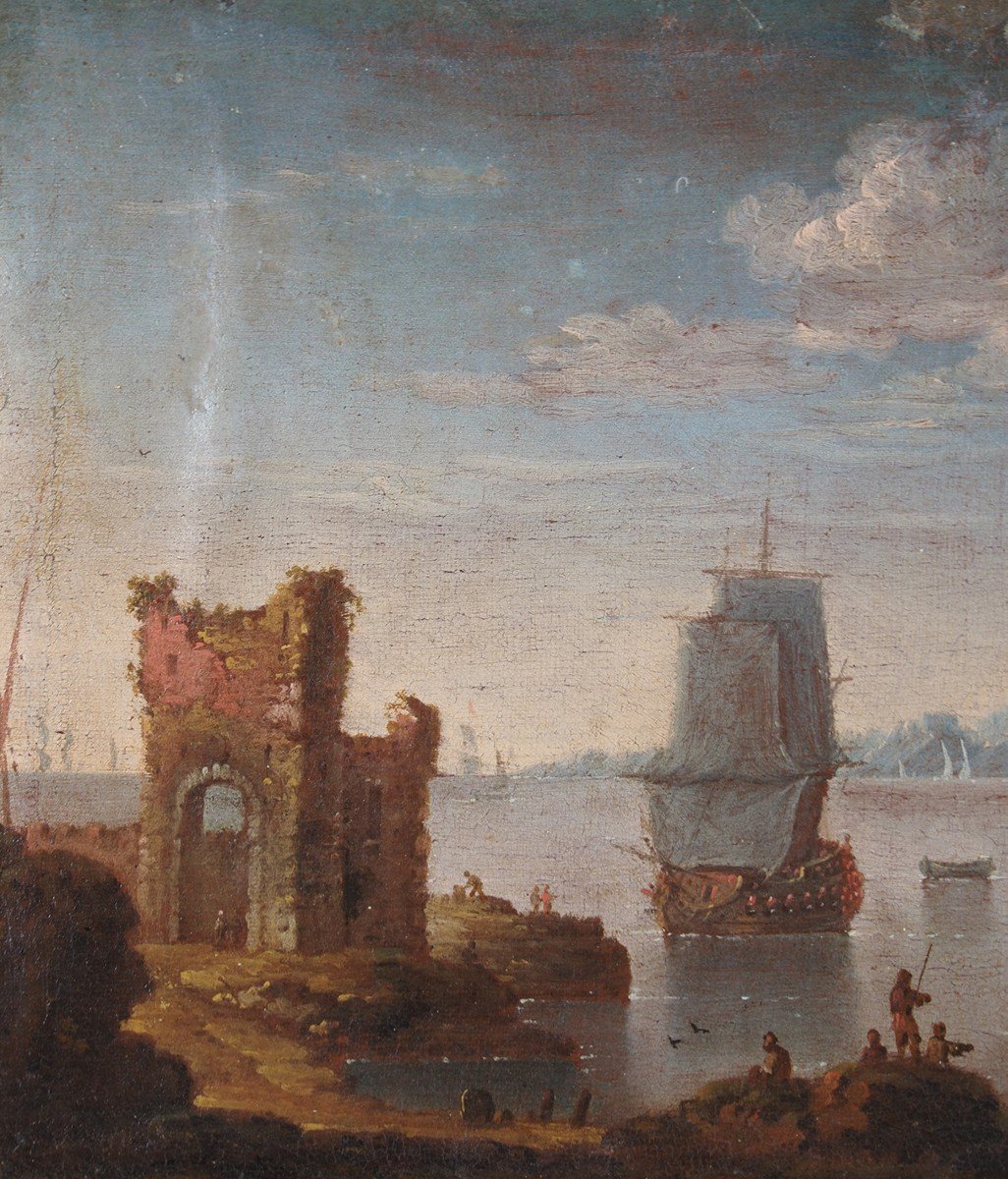 Johann Anton Eismann (attr.), Paire De Vues Côtières Avec Ruines, Peintures à l'Huile Sur Toile-photo-1