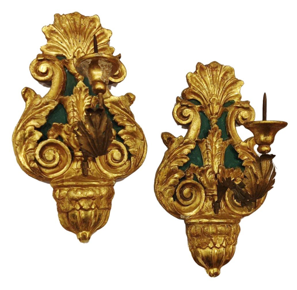 Paire d'Appliques En Bois Doré Et Laqué, XVIIIe Siècle