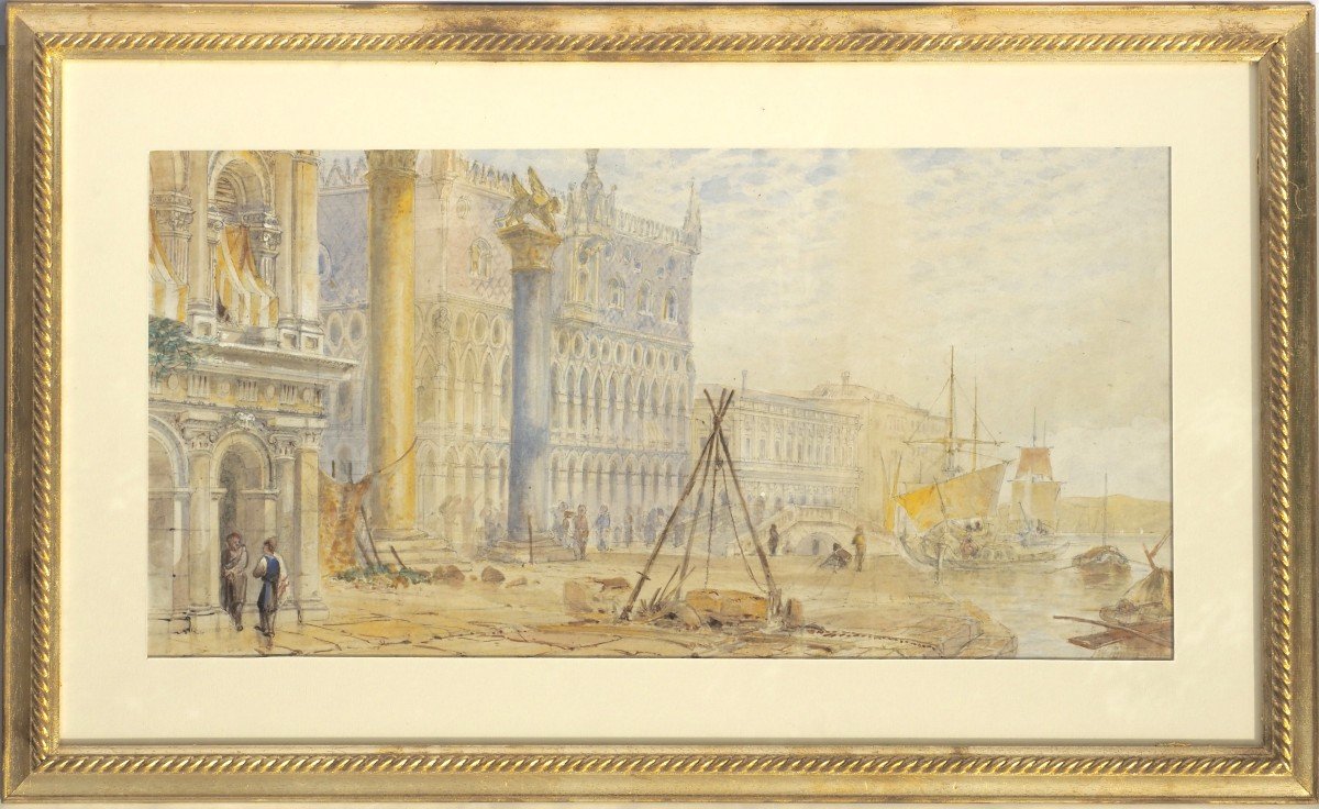 Aquarelle Avec Vue De Venise Par Un Artiste De La Fin Du XIX Siècle