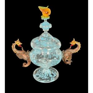 Salviati, Coupe En Verre Soufflé Avec Couvercle – Murano, 20ème Siècle