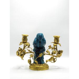Bougeoir En Bronze Doré Et Porcelaine Bleue