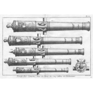 5 Framed Engravings Of 18th Century Cannons